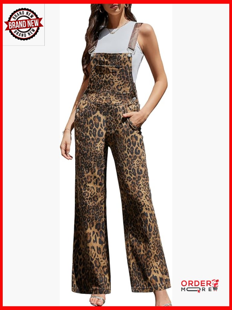 Straight Leg Overalls, Loose Fit, Animal Print, Cotton Blend, 5 Pockets
